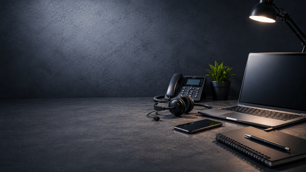 Moderner Arbeitsplatz mit Laptop, Telefon, Headset, Handy und Notizbuch als Symbol für Kontakt und technische Unterstützung.