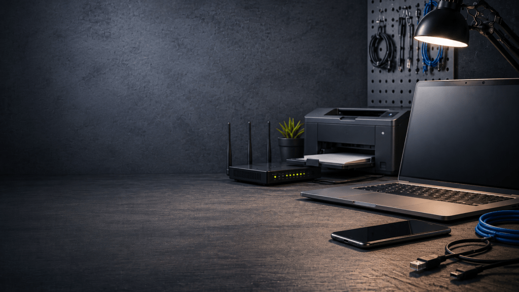 Moderner technischer Arbeitsplatz mit Laptop, Handy, Drucker, Router und Kabeln als Symbol für PC- und IT-Hilfe.