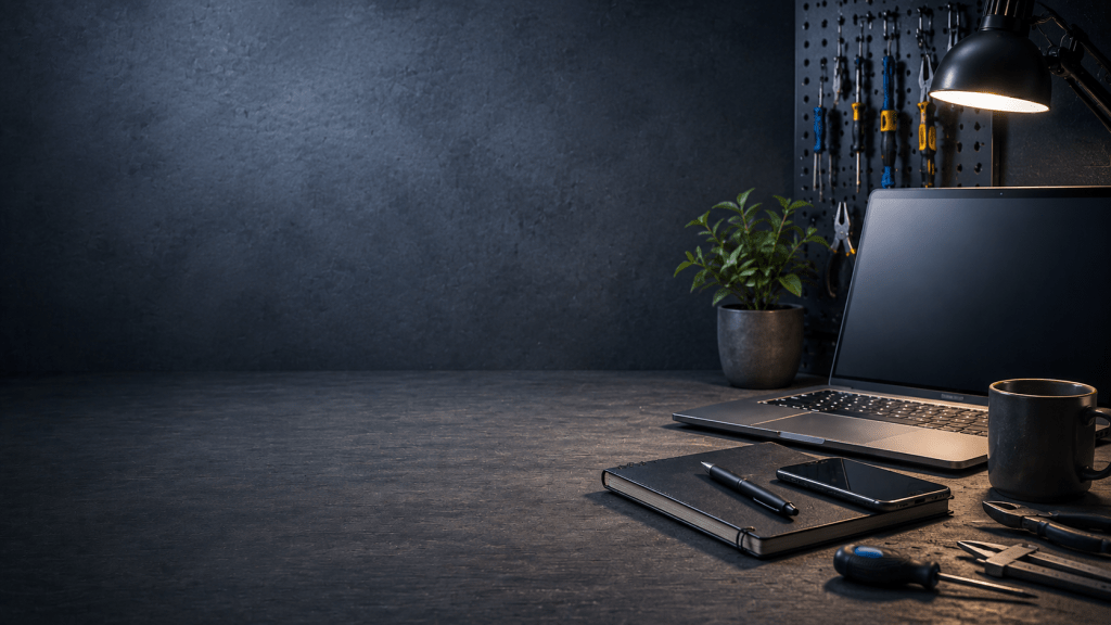 Moderner Arbeitsplatz mit Laptop, Handy, Notizbuch, Werkzeugen und Pflanze als Symbol für praktische und technische Problemlösung.